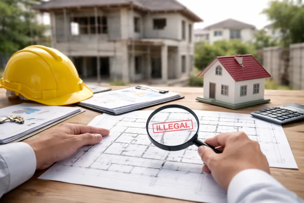 חריגות בנייה – מה זה, איך בודקים, ואיך זה משפיע על ערך הנכס: בדיקת תוכניות בנייה עם זכוכית מגדלת, קסדת מגן ומבנה מגורים ברקע