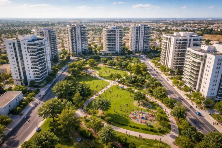 תמונה אווירית עדכנית של קריית האומנים רמלה עם בניינים חדשים, פארק ירוק במרכז, ומשפחות מטיילות – משדרת צמיחה, קהילה ואיכות חיים.