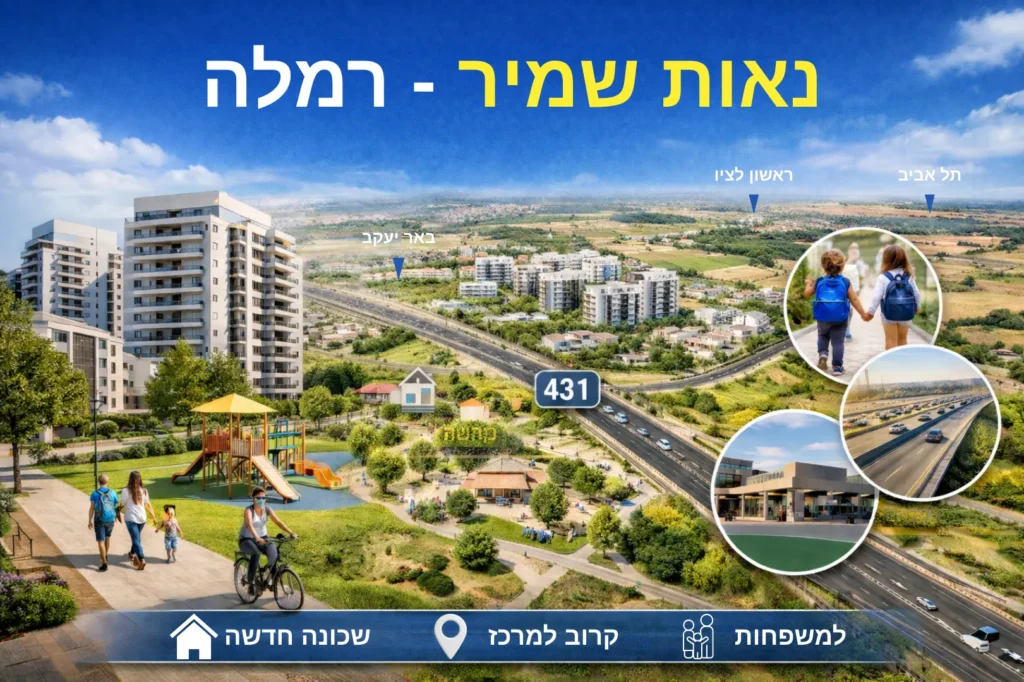 נאות שמיר רמלה מפת האזור עם בנייני מגורים, פארק, כביש 431 וסביבת מגורים חדשה