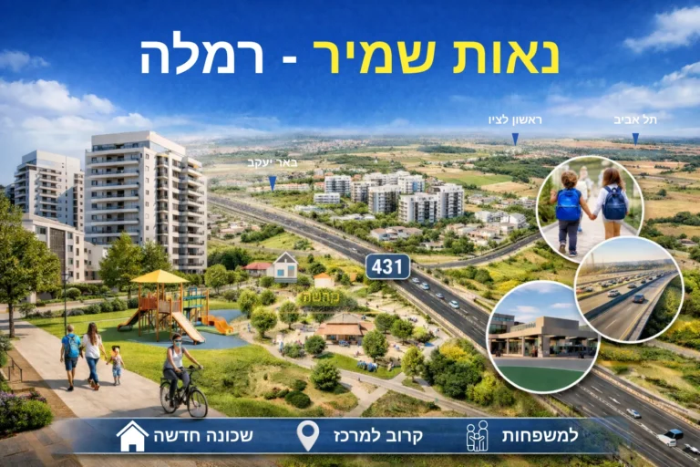 נאות שמיר רמלה מפת האזור עם בנייני מגורים, פארק, כביש 431 וסביבת מגורים חדשה