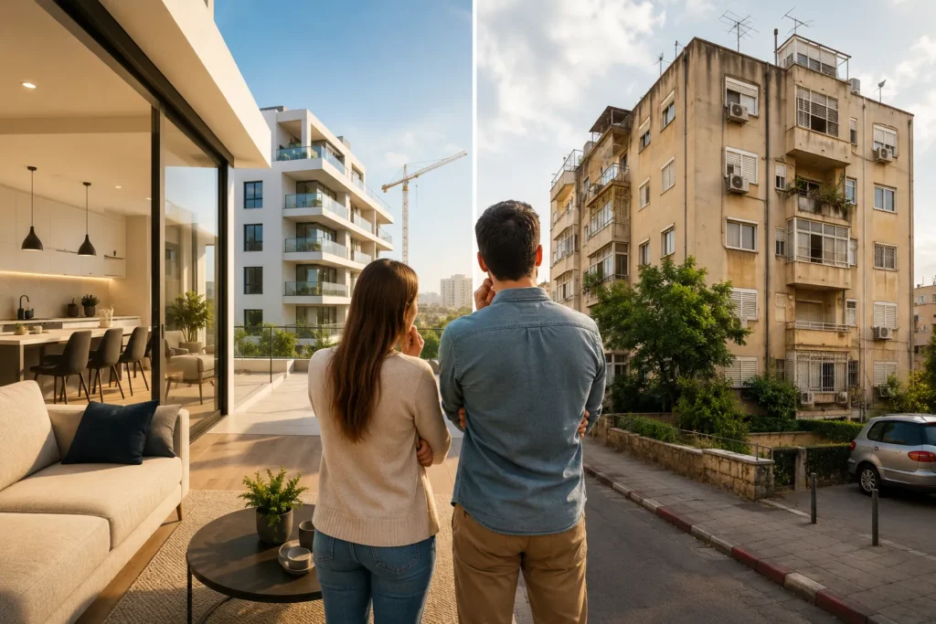 זוג מתלבט בין דירה חדשה מקבלן לבין דירת יד שנייה על רקע בניין חדש ובניין ותיק בישראל