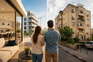 זוג מתלבט בין דירה חדשה מקבלן לבין דירת יד שנייה על רקע בניין חדש ובניין ותיק בישראל