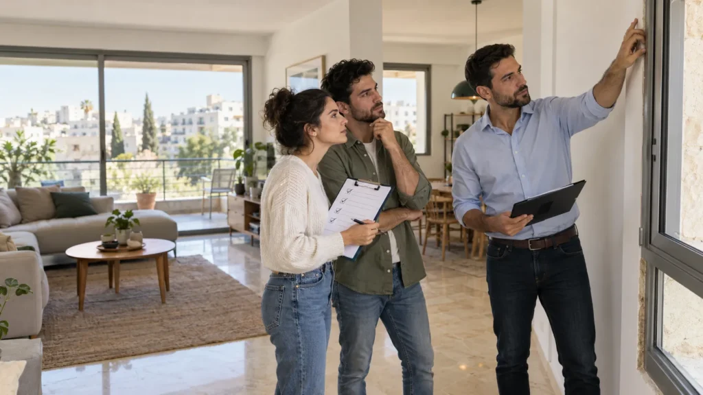 זוג ישראלי בודק דירה יד שנייה עם יועץ נדל״ן לפני רכישה